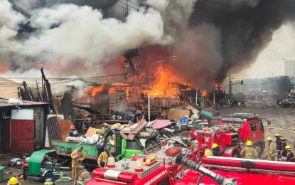 <p><strong>TRAGEDY.</strong> Fire razes a residential area in Barangay 105, Tondo, Manila on Saturday (Sept. 14, 2024). At least 1,000 affected residents are scattered in three evacuation centers in the district. <em>(Photo courtesy of Manila DRRMO)</em></p>