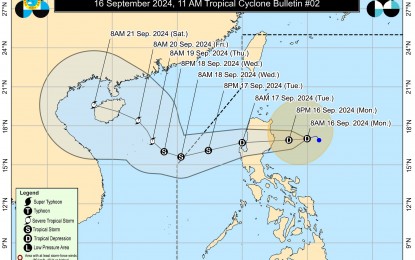 <p><strong>TROPICAL DEPRESSION GENER.</strong> The track and intensity forecast for Tropical Depression Gener, according to the Philippine Atmospheric, Geophysical and Astronomical Services Administration, in its 11 a.m. bulletin on Monday (Sept. 16, 2024). Gener is expected to make landfall within the next 24 hours in the provinces of Isabela and Aurora. <em>(Infographic courtesy of PAGASA)</em></p>