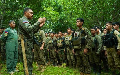 <p><strong>TALK TO TROOPS.</strong> Armed Forces of the Philippines chief Gen. Romeo Brawner Jr. talks to the troops of the 95th Infantry Battalion during his visit to their tactical command post at Barangay Sisim, Peñablanca, Cagayan on Sunday (Sept. 15, 2024). The troops neutralized a ranking New People's Army leader and two others in a clash in the town on Sept. 11. <em>(Photo courtesy of the AFP)</em></p>