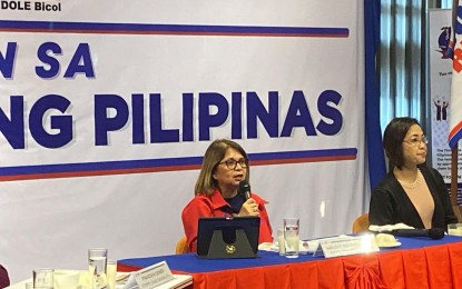 <p><strong>EMPLOYMENT PROGRAMS.</strong> Department of Labor and Employment-Bicol Assistant Director Imelda Romanillos answers media questions during the Kapihan sa Bagong Pilipinas forum at Iniego Hotel in Legazpi City, Albay on Tuesday (Sept. 17, 2024). A total of 654,412 individuals from the region’s six provinces benefited from the government emergency employment program Tulong Panghanapbuhay sa Ating Disadvantaged Workers<em>. (PNA photo by Connie Calipay)</em></p>