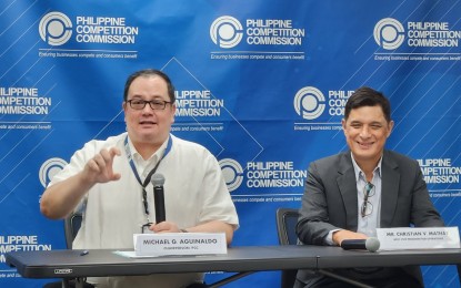 <p><strong>INFO DRIVE</strong>. Philippine Competition Commission (PCC) Chairman Michael Aguinaldo (left) and SM Supermalls assistant vice president for operations Ian Mathay during a press conference and the signing of a memorandum of cooperation (MOC) between the PCC and SM Prime Holdings at the PCC headquarters in Quezon City on Tuesday (Sept. 17, 2024). The partnership aims to help the PCC in its information campaign by featuring the antitrust body's ads on SM digital platforms. <em>(PNA photo by Kris M. Crismundo)</em></p>