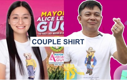 <p><strong>COUPLE SHIRTS. </strong>Photo of former mayor Alice Guo (left) and Sual, Pangasinan Mayor Liseldo Calugay wearing couple shirts, presented to the Senate Committee on Women, Children, Family Relations and Gender Equality hearing on Tuesday (Sept. 17, 2024). At the continuation of the panel's inquiry on illegal Philippine Offshore Gaming Operators, Guo and Calugay said they are just friends. <em>(Photo courtesy of Senator Estrada’s office)</em></p>