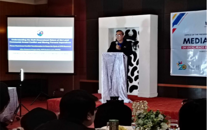 <p><strong>PEACE EFFORTS.</strong> Retired Maj. Gen. Rhoderick Parayno (ret.), regional adviser for peace and security in Calabarzon, talks on the multi-dimensional nature of local communist armed conflict and transformation program during a media conference at the Paseo Premiere Hotel in Santa Rosa City, Laguna on Wednesday (Sept. 18, 2024). He urged governors to establish peace centers in their respective provinces. <em>(Photo by Zen Trinidad) </em></p>