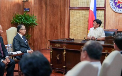 <p><strong>COURTESY CALL.</strong> President Ferdinand R. Marcos Jr. receives Marubeni Corporation president and chief executive officer Masumi Kakinoki during a courtesy call at Malacañan Palace in Manila on Tuesday (Sept. 17, 2024). During his meeting with Kakinoki, Marcos expressed hopes for continued collaboration with Marubeni and acknowledged the company’s role in the nation's development.<em> (Photo from PBBM’s Facebook page)</em></p>