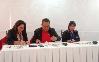 <p><strong>PARTNERSHIP SIGNING.</strong> The Department of Social Welfare and Development, represented by Pantawid Pamilyang Pilipino Program (4Ps) Division Chief Belen Gebusion (left) and Regional Director Carmelo Nochete (center), sign an agreement with the Barbaza Multipurpose Cooperative, represented by Remedial Management Specialist Lany Emejas (right), for the conduct of financial literacy lectures and use of their point of service machines during payout for 4Ps members at the Antique National School Teachers and Employees Cooperative training center on Thursday (Sept. 19, 2024). The DSWD also signed a similar partnership with 11 other cooperatives in Antique.  (<em>Photo courtesy of Buenavista CaTV)</em></p>