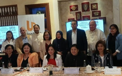 <p><strong>TIME TO TRAVEL.</strong> Travel Sale Expo chairperson Michelle Taylan, Rajah Travel Corporation president Aileen Clemente and Department of Tourism-National Capital Region Chief Tourism Operations Officer Catherine Agustin (3rd to 5th from left, seated) lead a press conference at The Peninsula Manila in Makati City on Wednesday (Sept. 18, 2024), along with embassy representatives and Philippine Retirement Authority general manager Bob Zozobrado (7th from left, standing). The expo will be held at SM Megamall in Mandaluyong City on Sept. 27 to 29, featuring some 180 exhibitors. <em>(PNA photo)</em></p>