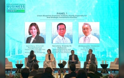 <p><strong>SUSTAINED GROWTH</strong>. National Economic and Development Authority Secretary Arsenio Balisacan (3rd from left) is among the panelists at the 4th Philippines-Singapore Business Investment Summit in Singapore on Thursday (Sept. 19, 2024). He discussed the Philippine government’s strategies and priority programs to ensure sustainable growth and a greener future for the country. <em>(Photo courtesy of NEDA)</em></p>