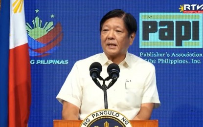 <p><strong>FIGHTING FOR TRUTH</strong>. President Ferdinand R. Marcos Jr. attends the 50th anniversary celebration of the Publishers Association of the Philippines, Inc. at the Philippine International Convention Center in Pasay City on Friday (Sept. 20, 2024). In his speech, Marcos said the government stands with the media in bringing out the truth and fighting fake news.<em> (Screenshot from Radio Television Malacañang)</em></p>