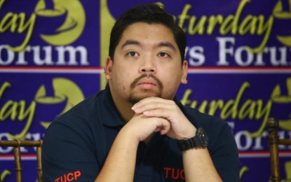 <p><strong>LABOR PROTECTION.</strong> Trade Union Congress of the Philippines legislative officer Carlo Oñate guests at a news forum in Quezon City on Saturday (Sept. 21, 2024).  He expressed hope that Congress would start deliberating on anti-end of contract and PHP150 wage hike bills. <em>(PNA photo by Joan Bondoc)</em></p>