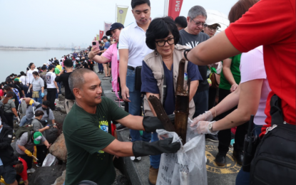 <p><strong>CLEANUP DRIVE</strong>. Environment Secretary Maria Antonia Yulo Loyzaga (center) leads the International Coastal Cleanup drive at the Pasay City area of Manila Bay on Saturday (Sept. 21, 2024). The agency recorded 74,075 volunteers from the government, academe and private sector organizations in 250 cleanup sites across the country. <em>(Photo courtesy of DENR)</em></p>