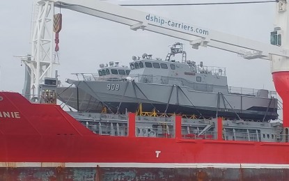 <p><strong>MORE MISSILE BOATS.</strong> Two more Israeli-made fast attack interdiction craft (FAICs), PG-908 and PG-909, are seen aboard a cargo ship in this undated photo. The Philippine Fleet on Monday (Sept. 23, 2024) said these two missile boats were delivered at the Pier 15 of the Manila South Harbor on Sept. 17.<em> (Photo courtesy of the Philippine Fleet)</em></p>