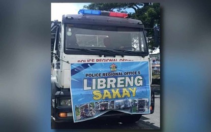 <p><strong>'LIBRENG SAKAY'.</strong> A vehicle deployed by the Police Regional Office-Bicol (PRO5) to provide free rides to commuters affected by the two-day transport strikes starting Monday (Sept. 23, 2024). A total of 14 police vehicles were out to serve the public<em>. (Photo courtesy of PRO5)</em></p>