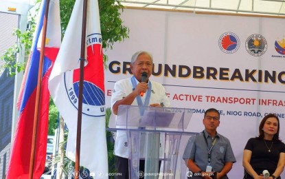 <p><strong>BACOOR BIKE LANES</strong>. Transportation Secretary Jaime Bautista speaks during the groundbreaking ceremony for the bike lanes in Bacoor, Cavite on Wednesday (Sept. 23, 2024). The project includes the construction of about 18.96 km. of bike lanes in the city with an estimated 664,000 active transport users, including cyclists, students, and workers.<em> (Photo from DOTR)</em></p>