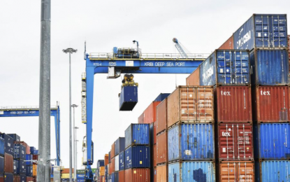 <p>This file photo taken on March 15, 2022 shows cargo containers stored at Kribi Deep Seaport, Kribi, Cameroon. <em>(Photo by Kepseu/Xinhua)</em></p>