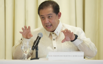 <p><strong>PRIORITY BILLS</strong>. Speaker Martin Romualdez answers questions from Malacañang media during a press briefing following the Legislative-Executive Development Advisory Council (LEDAC) meeting with President Ferdinand R. Marcos Jr. held at Malacañang Palace Wednesday (Sept. 25, 2024). Romualdez reported in the meeting that the House of Representatives has already approved 60 out of the 64 total LEDAC Common Legislative Agenda priority measures. <em>(Photo courtesy of the House Press and Public Affairs Bureau)</em></p>