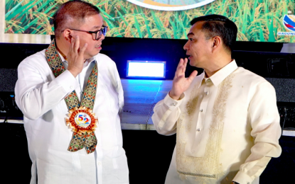 <p><strong>NFA ANNIVERSARY.</strong> Agriculture Secretary Francisco Tiu Laurel Jr. (left) and National Food Authority (NFA) Larry Lacson lead the 52nd NFA anniversary celebration on Thursday (Sept. 26, 2024). Lacson highlighted NFA's milestones despite challenges faced by the agency in 2024.<em> (PNA photo by Ben Briones)</em></p>