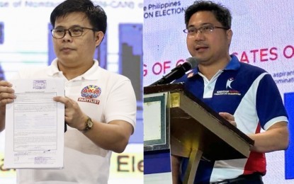 <p><strong>COC FILING</strong>. AKO OFW Party-list Rep. Ron Salo (left) and lawyer David Castillon speak to the press on the first day of the filing of certificates of candidacy (COC) at the Manila Hotel Tent City on Tuesday (Oct. 1, 2024). Filing will be up to Oct. 8. <em>(Photo by Yancy Lim)</em></p>