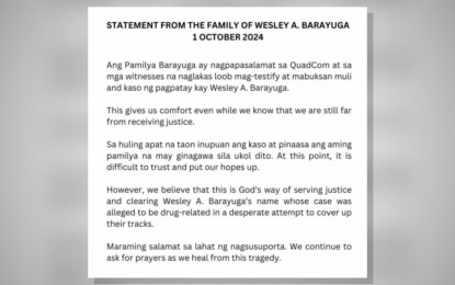 <p><strong>STATEMENT</strong>. The press statement released on Wednesday (Oct. 2, 2024) by the family of former Philippine Charity Sweepstake Office (PCSO) board secretary Wesley A. Bayaruga on the reinvestigation of his slay case.  Barayuga was killed in July 2020. <em>(Image from Barayuga family)</em></p>
<p> </p>