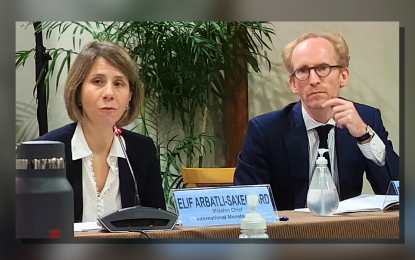 <p><strong>ECONOMIC OUTLOOK.</strong> International Monetary Fund Resident Representative to the Philippines Ragnar Gudmundsson (right) and IMF mission chief Elif Arbatli Saxegaard hold a press briefing at the Bangko Sentral ng Pilipinas office in Manila on Wednesday (Oct. 2, 2024). The IMF officials discussed the country's economic growth outlook. <em>(Photo by Leah Gonzales)</em></p>