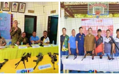 <p><strong>DEACTIVATED.</strong> Lt. Col. Jerome Peñalosa (left), commander of the Army’s 2nd Mechanized Battalion, gets turned in firearms from town officials of Talitay, Maguindanao del Norte, on Tuesday (Oct. 1, 2024). On the same day, Peñalosa accepted more weapons turned in by local officials from Datu Anggal Midtimbang during a ceremony at the town’s covered court. <em>(Photos courtesy of 6ID)</em></p>