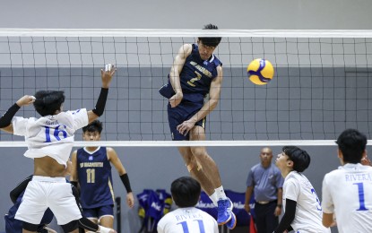 <p><strong>SPIKE.</strong> National University's Herbert Miguel Egger (No. 7) delivers a powerful attack against Ateneo de Manila University during the UAAP Season 87 boys volleyball tournament at the Paco Arena in Manila on Wednesday (Oct. 2, 2024). The Bullpups won, 25-8, 25-13, 25-9. <em>(UAAP photo)</em></p>