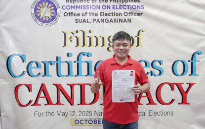 <div dir="auto"><strong>SEEKING REELECTION</strong>. Sual, Pangasinan Mayor Liseldo Calugay after filing his certificate of candidacy in Sual on Thursday (Oct. 3, 2024). Calugay is seeking a third term in office in next year’s midterm polls. <em>(Photo courtesy of Mayor Dong Calugay's FB)</em></div>