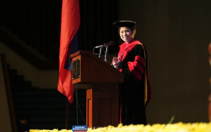 <p><strong>EXEMPLARY PUBLIC SERVANT.</strong> Budget Secretary Amenah Pangandaman serves as guest speaker at the Polytechnic University of the Philippines' (PUP) commencement exercises at the Philippine International Convention Center in Pasay City on Wednesday (Oct. 2, 2024). During the ceremony, PUP conferred an honorary doctorate on Pangandaman for her contributions to the nation's economic landscape, as well as her unwavering dedication to fostering transparent governance, peace, and health care initiatives. <em>(Photo courtesy of DBM/Usapang Budget Natin Facebook)</em></p>