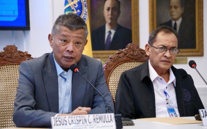 <p><strong>FALSIFICATION RAPS.</strong> Justice Secretary Jesus Crispin Remulla (left) and National Bureau of Investigation (NBI) Director Jaime Santiago hold a press conference after the filing of fresh falsification raps against dismissed Bamban, Tarlac mayor Alice Guo and five others on Thursday (Oct. 3, 2024). The accused are charged with falsification by a notary public, use of falsified documents, perjury, and obstruction of justice after it was found out that Guo’s signature on her notarized counter-affidavit was not hers. <em>(PNA photo by Ben Pulta)</em></p>