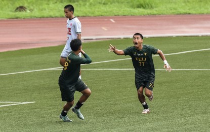 <p><strong>ROOKIE SENSATION.</strong> Far Eastern University's Edgar Aban Jr. (No. 77) reacts after scoring during the game against the University of the East (UE) in the UAAP Season 87 collegiate men's football tournament at the UP Diliman Football Stadium on Thursday (Oct. 3, 2024). He scored two goals as FEU beat UE, 4-0. <em>(UAAP photo)</em></p>