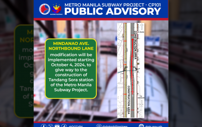 <p><strong>TRAFFIC ADVISORY.</strong> An infographic showing the temporary traffic adjustment along Mindanao Avenue for the construction of the Tandang Sora Station of the Metro Manila Subway Project. The DOTr on Friday (Oct. 4, 2024) warned that the adjustment may cause traffic slowdowns and called on motorists to take alternative routes. <em>(Photo courtesy of DOTr)</em></p>