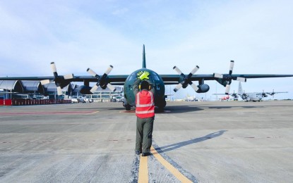 <p><strong>DISASTER RESPONSE DRILLS.</strong> A JASDF's C130 aircraft arrives at Brig. Gen. Benito N. Ebuen Air Base, Lapu-Lapu City, Cebu for "Doshin-Bayanihan 2024" on Oct. 2, 2024, for the "Doshin-Bayanihan 2024" exercises of the Philippine Air Force and the Japan Air Self-Defense Force (JASDF). The PAF on Friday (Oct. 4) said the training will encompass various HADR operations, including simulated airdrop flight training, load/offload operations, aeromedical evacuation exercises, and subject matter expert exchanges. <em>(Photo courtesy of PAF)</em></p>