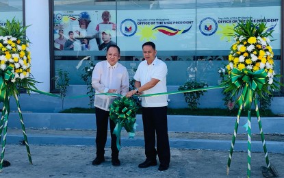 <p><strong>OVP OPENING.</strong> The Office of the Vice President (OVP) formally opens its satellite office in Butuan City on Friday (Oct. 4, 2024), to provide services to the people of the Caraga Region. Leading the ceremony are Rolmar Basalan (right), head of the OVP Caraga satellite office, and Eymard Eje, chief of the OVP Disaster Operations Center.<em> (PNA photo by Alexander Lopez)</em></p>