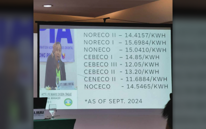 <p><strong>POWER RATES.</strong> Various electric cooperatives in Negros and Cebu charge different rates from customers as of September 2024, as shown during a press briefing in Dumaguete City on Friday (Oct. 4, 2024). The Negros Oriental II Electric Cooperative (NORECO II) said it is finding ways to bring down power costs, such as entering into an emergency supply agreement with a private firm in Mindanao. <em>(PNA photo by Mary Judaline Flores Partlow)</em></p>