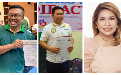 <p><strong>MAYORAL ASPIRANTS</strong>. Cotabato City Mayor Mohammad Bruce Matabalao (left), and his rivals for the mayoral post in the 2025 midterm polls, incumbent Vice Mayor Johari Abu (center), and former Cotabato City Mayor Cynthia Guiani Sayadi. The three are seen to closely vie for the city mayoral seat in next year’s polls due to their huge number of followers. <em>(Photo courtesy of DXMS-Cotabato)</em></p>