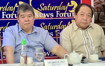 <p><strong>LEBANON SITUATION.</strong> Department of Foreign Affairs Undersecretary Eduardo Jose De Vega (left) and Deputy Assistant Secretary for Middle East Office Marlo Miranda report on the situation of Filipinos in Lebanon, at the Saturday News Forum in Quezon City on Oct. 5, 2024. They said the Philippine government is not raising the alert level in Lebanon to mandatory repatriation anytime soon but the embassy in Beirut continues to operate as if mass repatriation is about to be placed. <em>(PNA photo by Joyce Rocamora)</em></p>