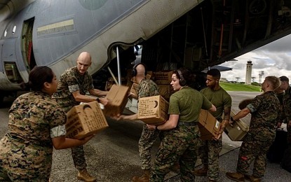 <p><strong>EMERGENCY AID</strong>. The US Marines' III Marine Expeditionary Force load cargo onto a KC-130J Super Hercules aircraft, along with Marine Aerial Refueler Transport Squadron 152, Marine Aircraft Group 12, 1st Marine Aircraft Wing at the Kadena Air Base in Okinawa, Japan on Oct. 5, 2024. The US Department of Defense is supporting the country at the request of the Philippine government during humanitarian assistance and disaster relief operations in the aftermath of Typhoon Julian in Northern Luzon. <em>(US Marine Corps photo by Sgt. Gabriel Antwiler)</em></p>