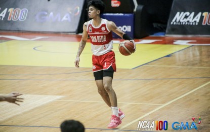 <p><strong>CLOSE FIGHT</strong>. San Beda University’s Jomel Puno looks for an opening during the National Collegiate Athletics Association Season 100 men's basketball tournament at the Filoil EcoOil Arena in San Juan on Saturday (Oct. 5, 2024). The Red Lions prevailed over the University of Perpetual Help, 63-62. <em>(NCAA photo)</em></p>