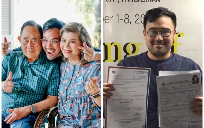 <p><strong>RETURN.</strong> Incumbent Pangasinan 4th District Rep. Christopher de Venecia (right) shows the certificate of candidacy of her mother, Gina de Venecia, at the Commission on Elections provincial office in Dagupan City on Sunday (Oct. 6, 2024). Gina, whose husband is former House Speaker Jose de Venecia Jr. (left photo), wants to replace her son, who is in his last term. (Photo courtesy of Rep. Toff De Venecia)</p>