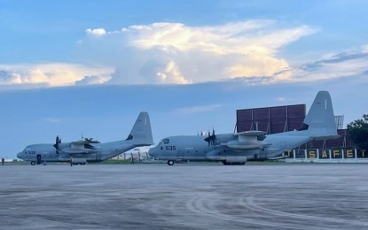 <p><strong>ALLIES IN NEED</strong>. Two KC-130J Hercules aircraft from the United States Expeditionary Force arrive at the Colonel Jesus Villamor Air Base in Pasay City on Saturday (Oct. 5, 2024). The aircraft transported crucial supplies, personnel and equipment to assist the ongoing relief operations in the province of Batanes following the onslaught of Super Typhoon Julian. <em>(Photo courtesy of Philippine Air Force)</em></p>