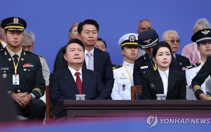 <p>President Yoon Suk Yeol (2nd from left) and First Lady Kim Keon Hee (right) attend a ceremony marking Armed Forces Day at Seoul Air Base in Seongnam, just south of Seoul, on Oct. 1, 2024. <em>(Pool photo/Yonhap)</em></p>