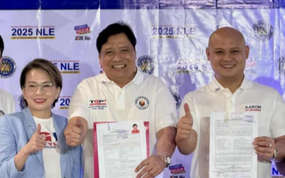 <p><strong>THIRD TERM.</strong> TGP Party-list Rep. Jose Teves Jr. (center) leads the filing of the certificate of nomination at The Manila Hotel Tent City on Saturday (Oct. 5, 2024). The group is seeking a third team in the May 2025 elections. <em>(Contributed photo)</em></p>