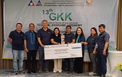 <p><strong>SAFETY FIRST</strong>. SN Aboitiz Power Benguet’s Binga and Ambuklao Hydro Power Plants Manager Hollis Fernandez (3rd from left) receive on Monday (Oct. 7, 2024) the regional Gawad Kalikasan at Kalusugan (GKK) award in a ceremony in Baguio City. The company was  cited for its contribution in ensure the safety of their workers. <em>(Contributed photo</em>) </p>