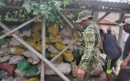 <p><strong>SEIZED.</strong> Authorities seize 70 sacks of giant clam shells with an estimated weight of 2,800 kilograms in an operation in Barangay Lantangan, Gigantes Island, Carles, Iloilo, on Oct. 5, 2024. Col. Ervin Glenn U. Provido, chief of the Regional Maritime Unit 6 (RMU 6), in an interview on Monday (Oct. 7), said a buyer from Palawan bought the fossilized giant clamshells when they accumulated up to one ton. <em>(Photo courtesy of RMU 6)</em></p>