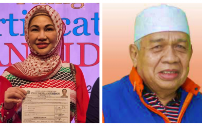 <p><strong>GUBERNATORIAL ASPIRANTS</strong>. Maguindanao del Sur Governor Bai Mariam Mangudadatu (left) displays her certificate of candidacy for the 2025 midterm elections after filing at the Commission on Elections office in Buluan on Monday (Oct. 7, 2024). Former Talayan Mayor Ali Midtimbang (right) is challenging her for the position.<em> (Photos from Facebook Pages of Mangudadatu and Midtimbang)</em></p>