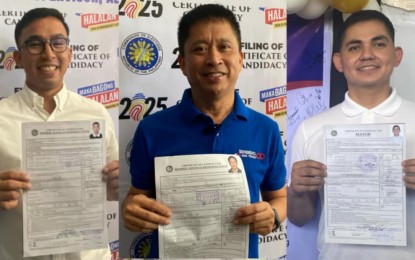 <p><strong>CANDIDATES</strong>. Three political aspirants file their certificates of candidacy at the Commission on Elections provincial office in Legazpi City, Albay on Tuesday (Oct. 8, 2024). They are (from left) Ako Bicol Party-List Rep. Raul Angelo Bongalon for Albay 1st District representative, former AKB representative Christopher Co for Albay 2nd District representative, and Hisham Ismail for mayor of Legazpi City. <em>(PNA photo by Connie Calipay)</em></p>