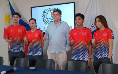 <p><strong>EXPOSURES</strong>. Philippine Squash Academy president Robert Bachmann (center) discusses upcoming tournaments during the Philippine Sportswriters Association Forum at the Philippine Sports Commission in Manila on Tuesday (Oct. 8, 2024). He was joined by (from left) Reymar Begornia, Wee Wern Low, Christopher Buraga and Jemyca Aribado. <em>(Photo courtesy of PSA)</em></p>