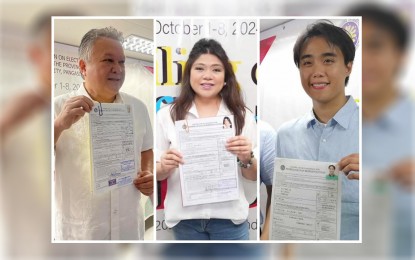 <p><strong>LAST DAY</strong>. Incumbent Pangasinan 2nd District Rep. Mark Cojuangco and 3rd District Rep. Rachel Arenas, and 6th District candidate Gilbert Estrella (from left), son of Agrarian Reform Secretary Conrado Estrella III, file their certificates of candidacy at the Commission on Elections provincial office in Dagupan City on Tuesday (Oct. 8, 2024). The eight-day filing ends 5 p.m. <em>(PNA photo by Liwayway Yparraguirre)</em></p>