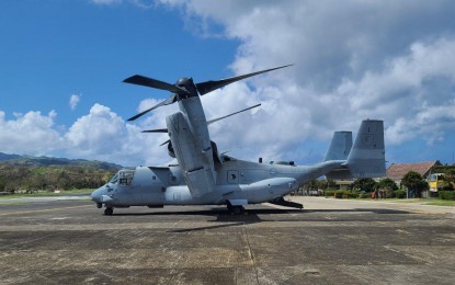 <p><strong>HELP ON THE WAY.</strong> A US Marines MV-22 Osprey carrying disaster relief items donated by USAID arrives at the Batanes Airport on Tuesday (Oct. 8, 2024). The Armed Forces of the Philippines (AFP) said the ongoing relief operations by Philippine and United States air units in the typhoon-hit province highlight the longstanding alliance between the two nations and the value of the Enhanced Defense Cooperation Agreement. <em>(Photo courtesy of the AFP)</em></p>