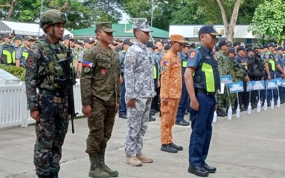 <p><strong>SECURITY FOR MASSKARA</strong>. A send-off ceremony at the Bacolod City Police Office grounds deploys personnel of the Philippine National Police and other law enforcement agencies to secure the 45th MassKara Festival, on Thursday afternoon (Oct. 10, 2024). The festivity will kick off with a “grand salubong” (welcome) on the night of Oct. 11 to usher in the festivity set from Oct. 12 to 27.<em> (PNA photo by Nanette L. Guadalquiver)</em></p>