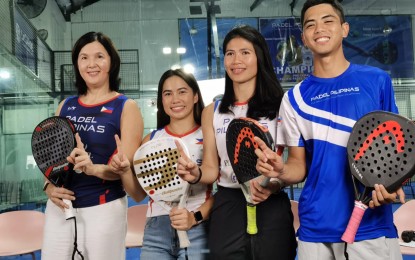 <p><strong>HISTORIC WIN.</strong> Padel champions Marian Capadocia and Tao Yee Tan (2nd and 3rd from left), winners of the Pro female category of the Asia Pacific Padel Tour (APPT) Grand Slam in Singapore on Oct. 3-6, pose for a photo during a press conference at the Play Padel in Mandaluyong City on Thursday (Oct. 10, 2024). With them are Padel Pilipinas president Senator Pia Cayetano (left) and coach LA Cañizares. <em>(PNA photo by Jean Malanum)  </em></p>